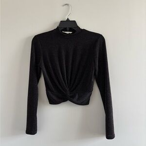 90s Top Crop Black Gold Long Sleeve Nylon Mock Neck Women Small Going Out Party